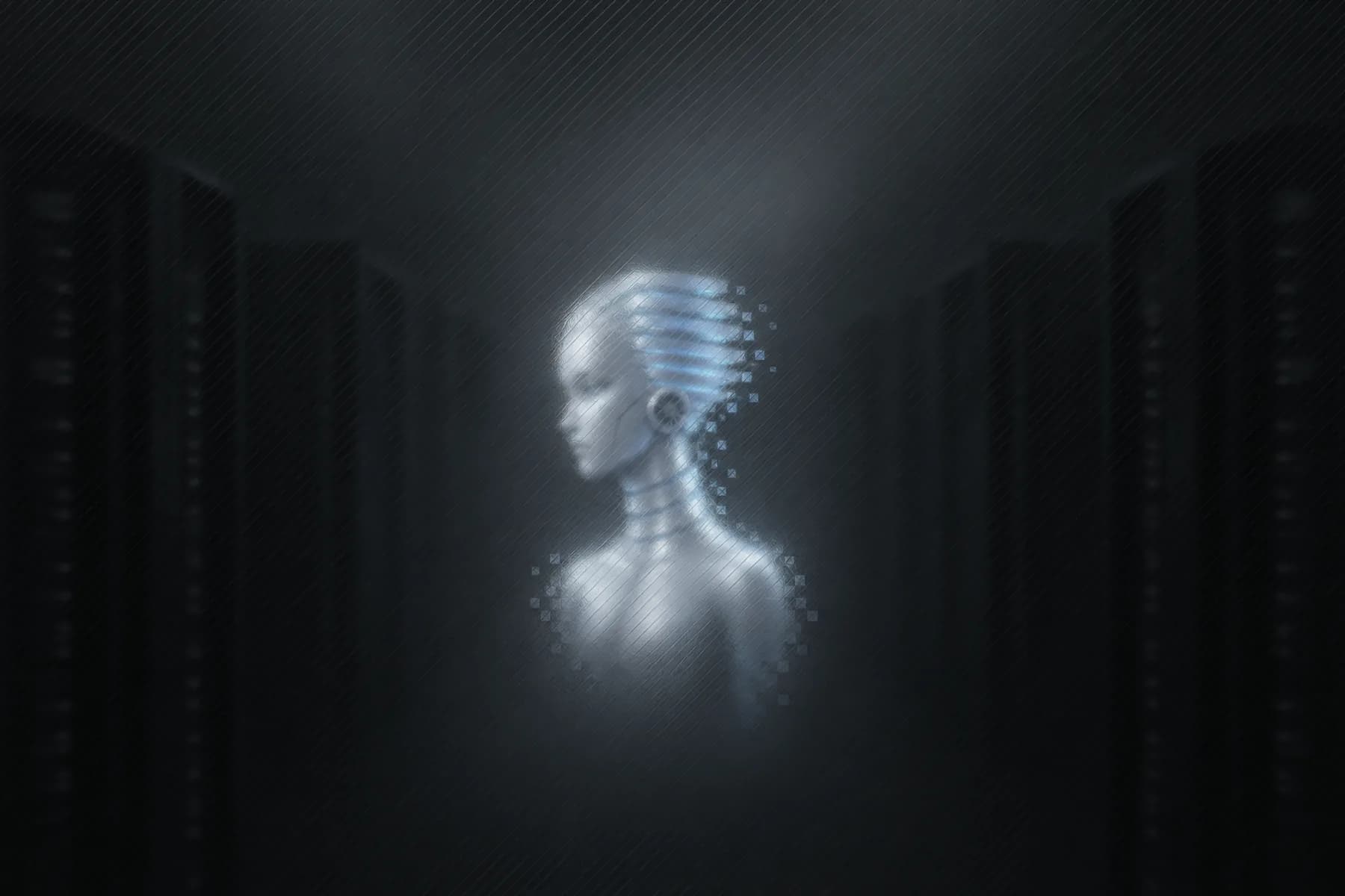 Illustration: FINS as a blurred silhouette behind hatched frosted glass, among dark server cabinets.