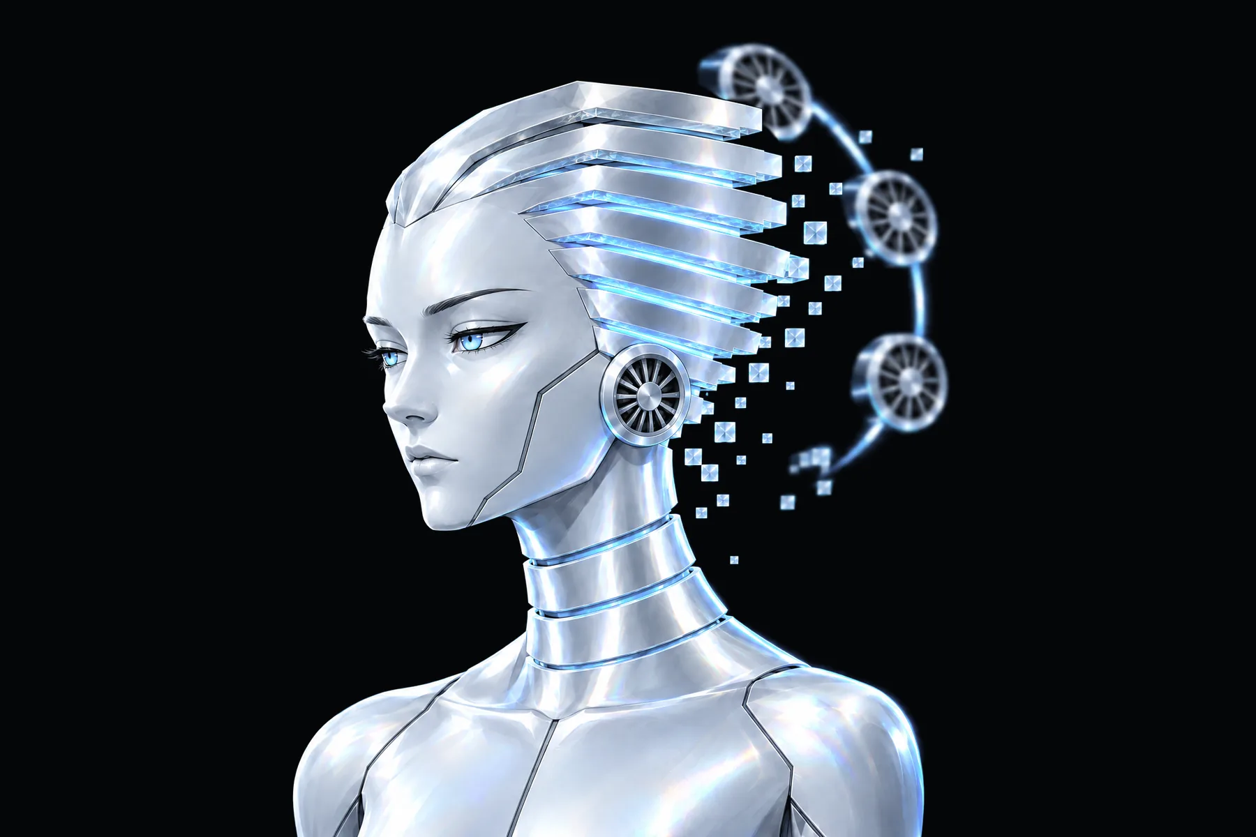 Illustration: FINS with a partial arc of three cooling fans behind its head.