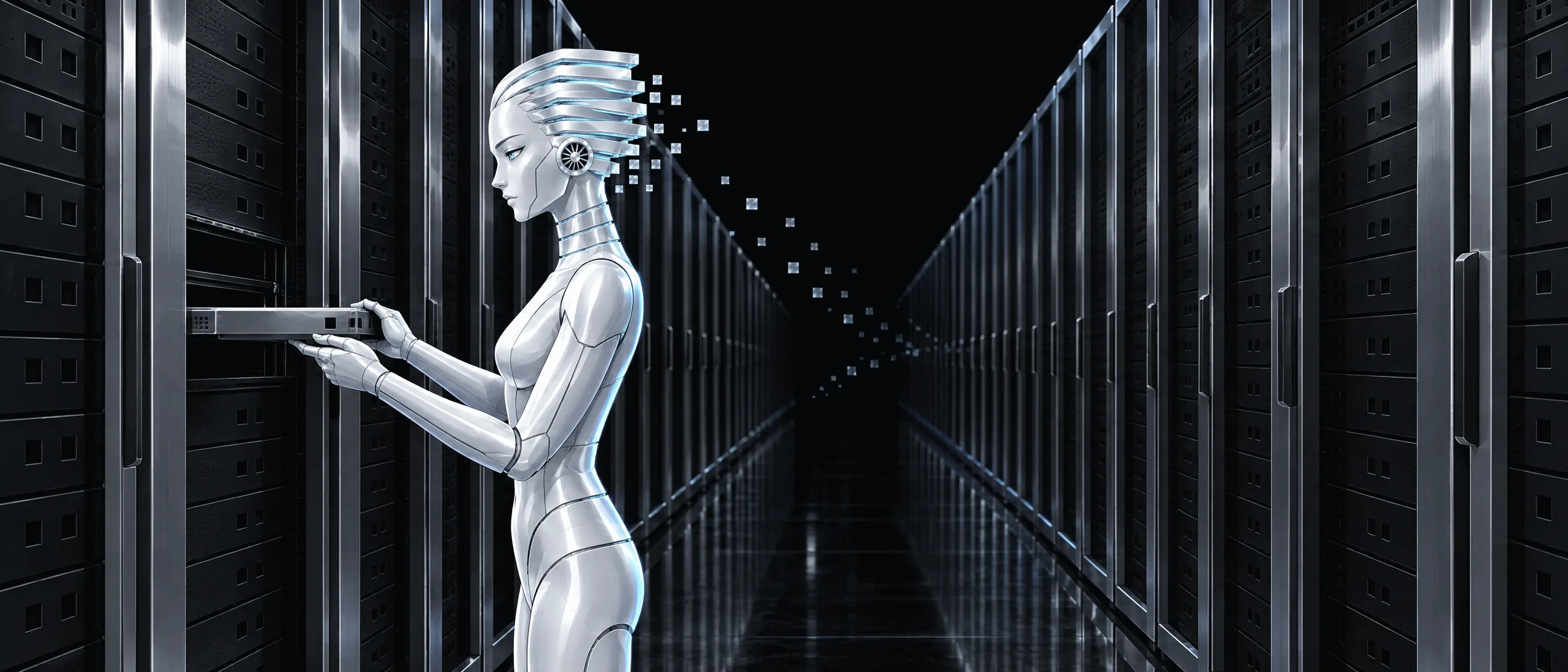 Illustration: FINS sliding a server tray into a rack in a dark server aisle.